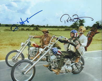 Easy Rider signed photograph: Classic signed 8x10 from film by both deceased stars Peter Fonda and Dennis Hopper with COA