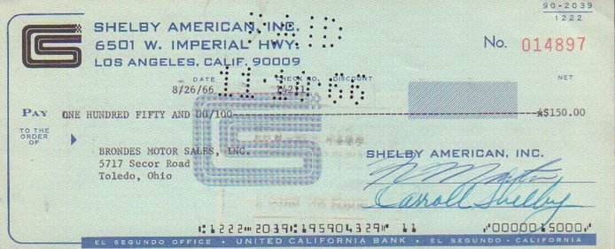 Carroll Shelby bank check signed