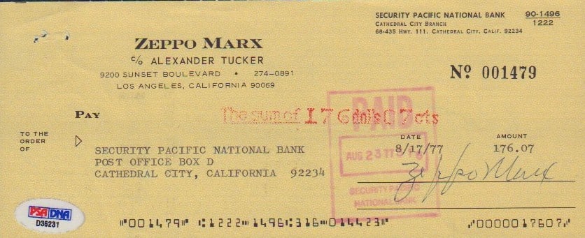 Zeppo Marx signed bank check (1 of 1)