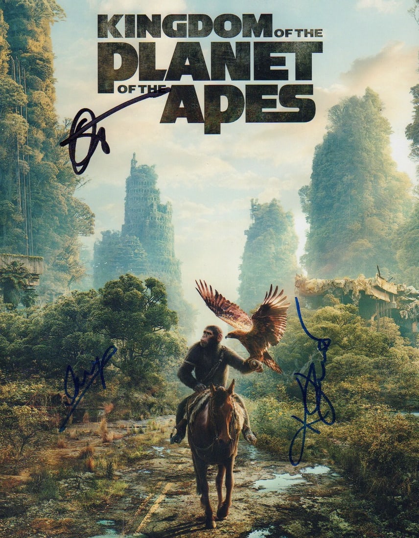 Kingdom of the Planet of the Apes signed premiere photograph: An 11x14 of the recent POA film signed by Owen Teague Freya Allen and Kevin Durand This item comes with a fully illustrated serial numbered letter of authenticity guaranteeing its authenticity for the