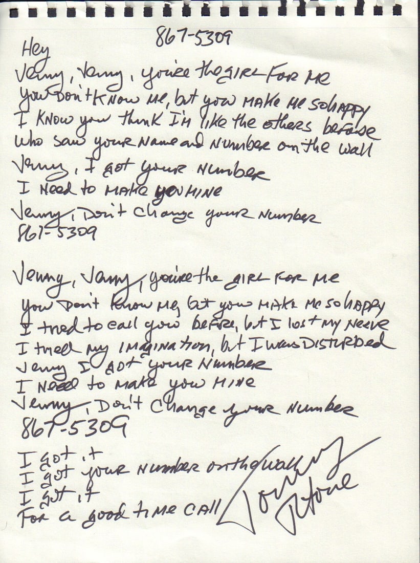 Tommy Tutone lyrics signed (1 of 1)