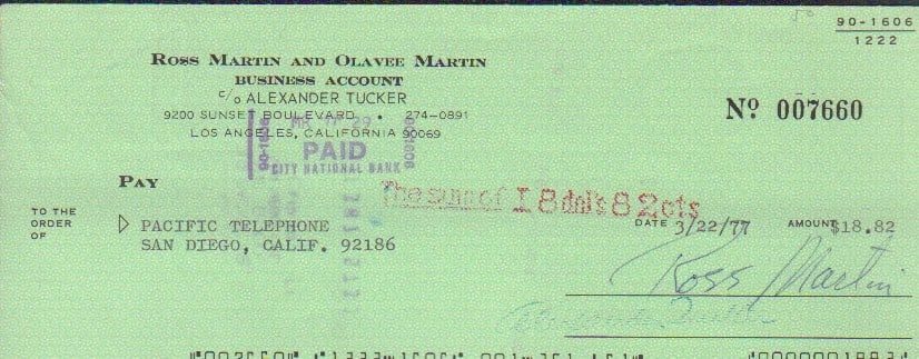 Ross Martin signed bank check (1 of 1)