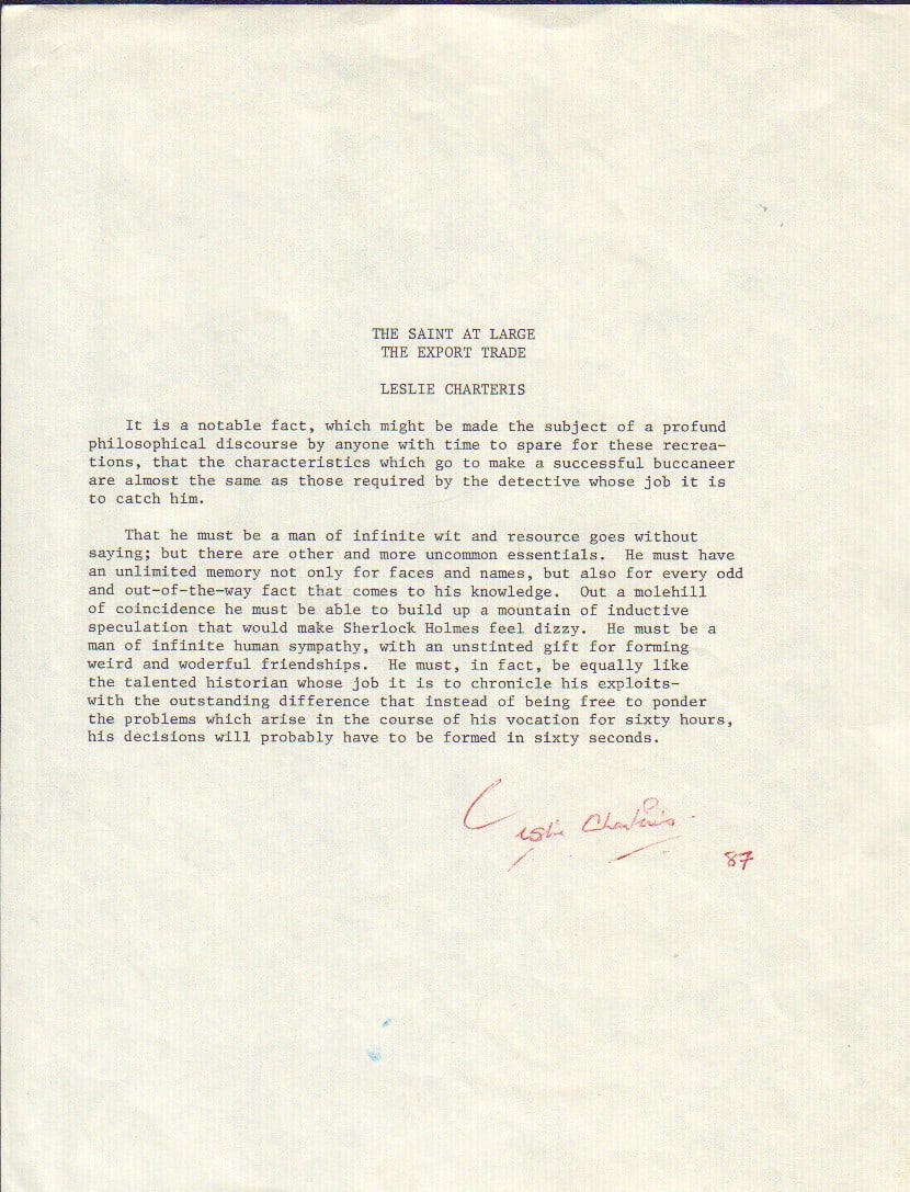 Leslie Charteris rare typed quote signed (1 of 1)