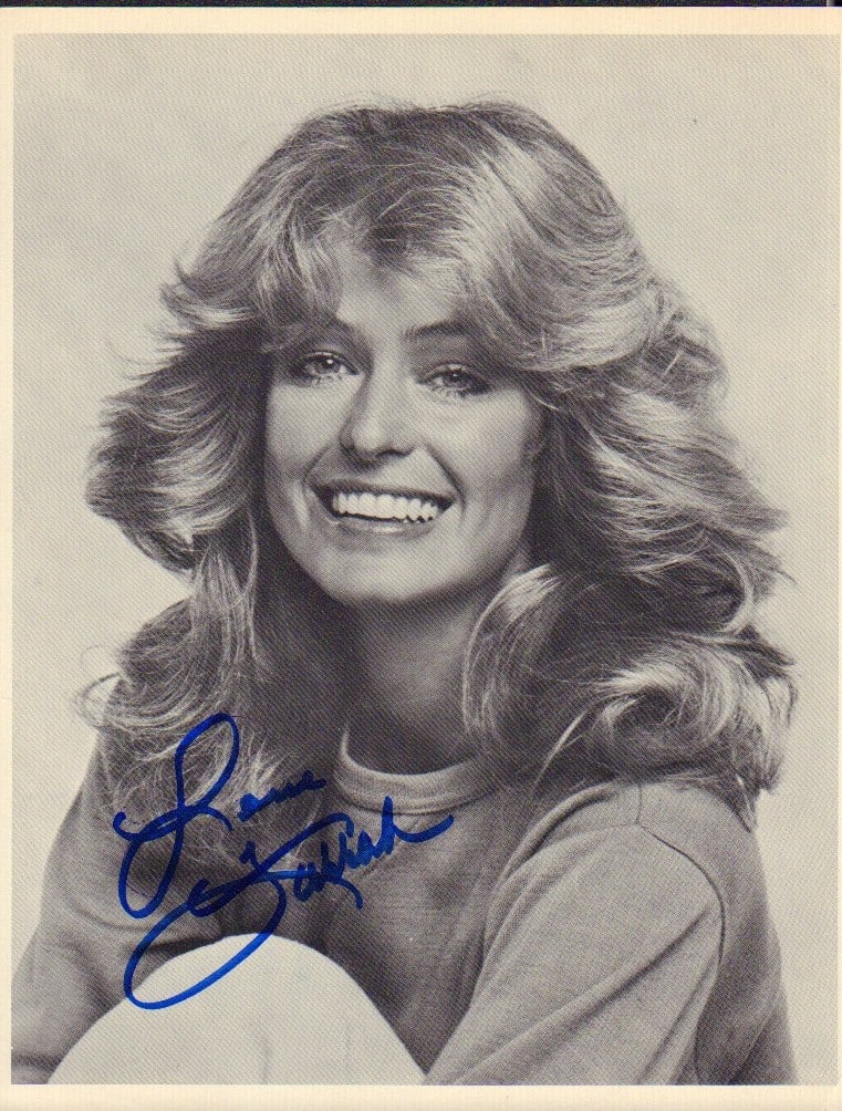Farrah Fawcett signed photograph: A vintage paperweight 8x10 of a young smiling Farrah signed later in her life This item comes with a fully illustrated serial numbered letter of authenticity guaranteeing its authenticity for the life