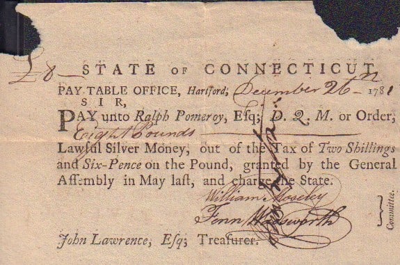 Conneticut Rev War paymaster slip (1 of 1)