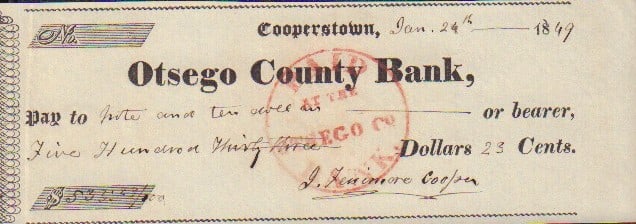 J Fennimore Cooper bank check