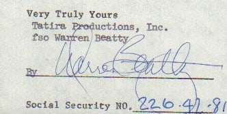 Warren Beatty signature clipped from a document