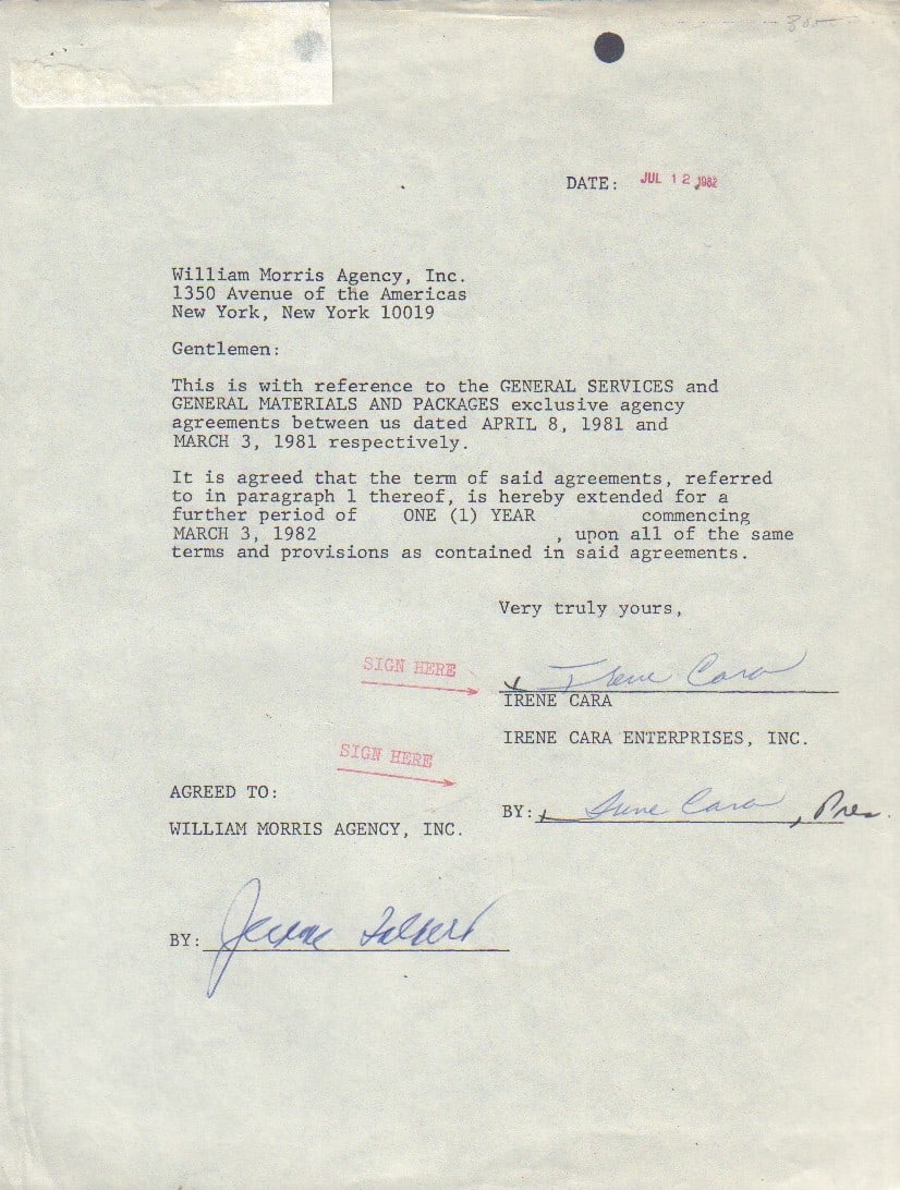 Irene Cara document signed (1 of 1)