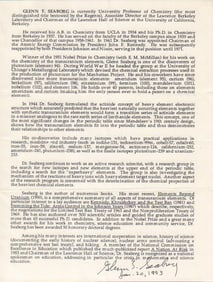 Glenn Seaborg typed Bio signed