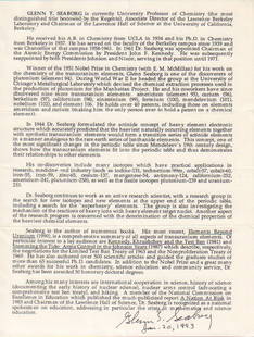 Glenn Seaborg typed Bio signed: Nobel prize winning chemist Rare This item comes with a fully illustrated serial numbered letter of authenticity guaranteeing its authenticity for the life of the piece and is searchable online at