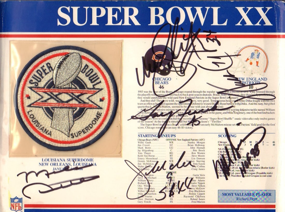 SuperBowl XX patch signed by multiple legends (1 of 1)