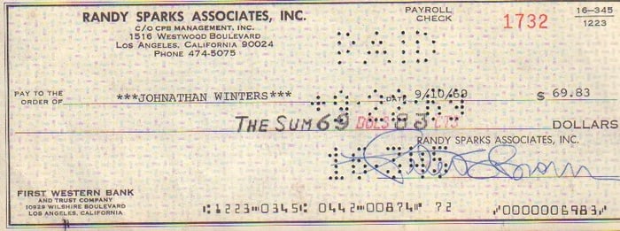 Jonathan Winters signed bank check