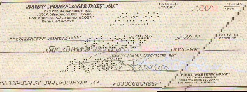 Jonathan Winters signed bank check: A rare early in his career signed bank check signed by Randy Sparks the famed musician who gave Winters a break at his folk club Ledbetters in LA This item comes with a fully illustrated serial
