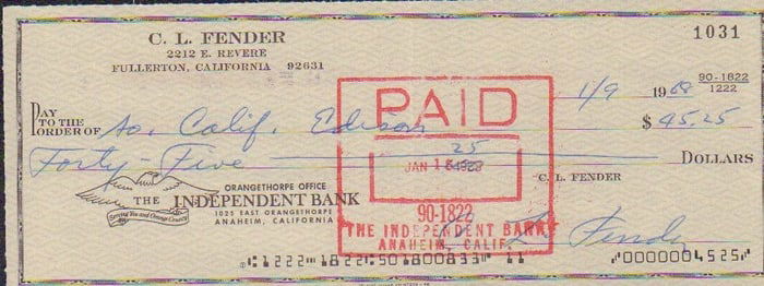 Fender Guitar bank check signed