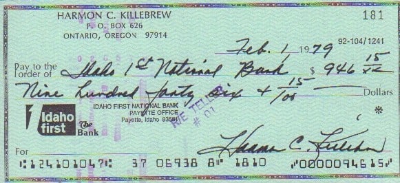 Harmon Killebrew signed bank check