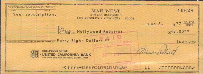 Mae West signed bank check