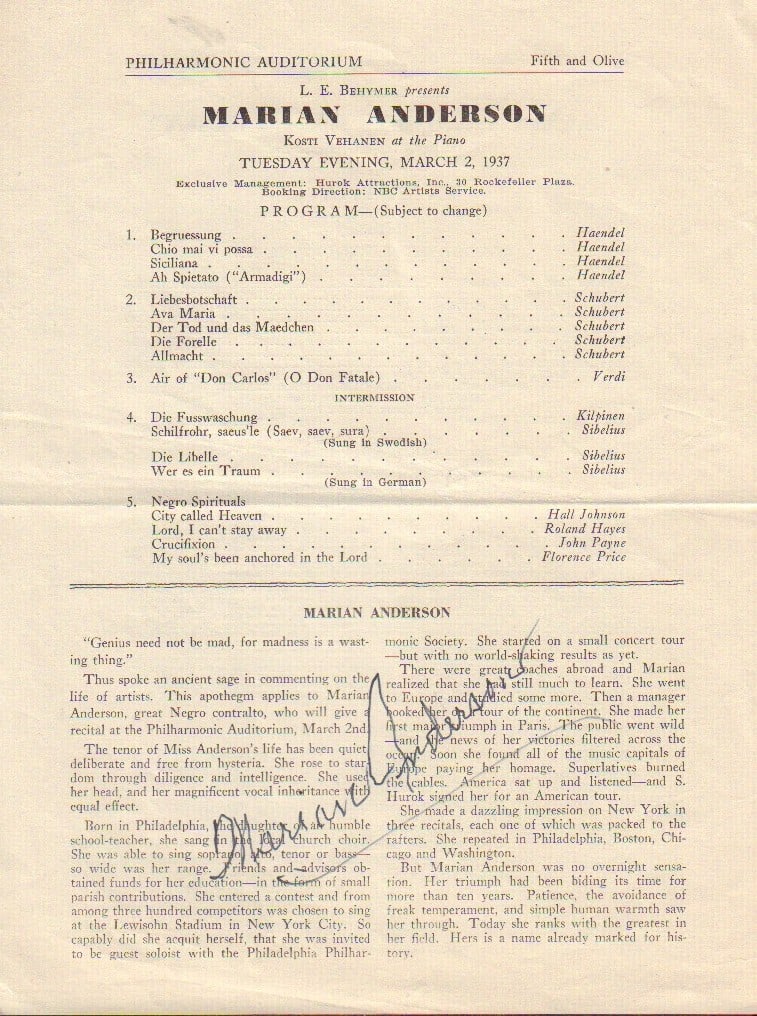Marian Anderson signed brochure (1 of 1)