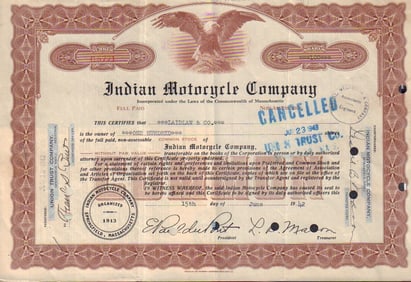 Indian Rare Motorcycle stock certificate