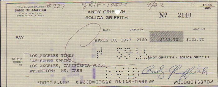 Andy Griffith signed bank check
