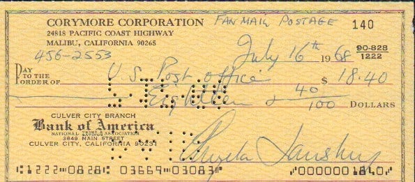 Angela Lansbury signed bank check