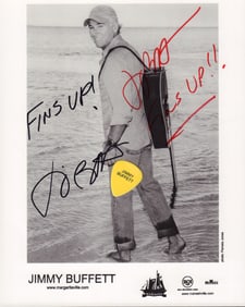 Jimmy Buffett signed photograph and rare guitar pick