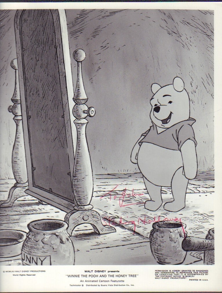 Sterling Holloway Winnie the Pooh signed photograph: Rare original Winnie the Pooh still signed To John (a famed in person collector) Sterling Holloway (The voice of original Winnie the Pooh) Deceased . This item comes with a fully illustrated serial nu