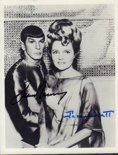Spock and his Mom signed photograph: A vintage Star Trek still signed by Leaonrd Nimoy as Spock and by Jane Wyatt as his mother in the series both now deceased. This item comes with a fully illustrated serial numbered letter of