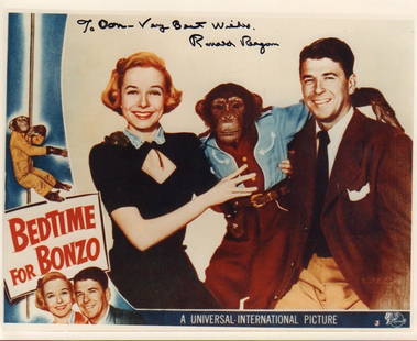 Ronald Reagan signed photograph: Bedtime for Bonzo his movie with the chimpanzee signed and inscribed (which could be removed if so desired) 8x10 Deceased This item comes with a fully illustrated serial numbered letter of