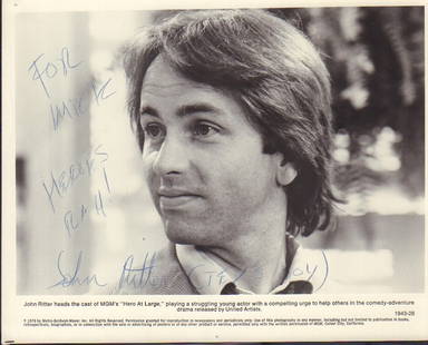 John Ritter signed photograph: Rare Hero at Large still with long inscription from Three's Company star who died so young NEVER seen him before write "Texs Boy" meaning Tex Ritter which was true one of a kind Deceased This item