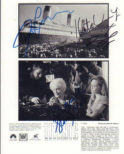 Titanic cast signed photograph: Signed original still signed during and shortly after premiere by Kate Winslet Leonardo Dicaprio Gloria Stuart (deceased) and Director James Cameron ! This item comes with a fully illustrated serial