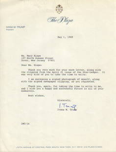 Ivana Trump letter signed: ON the Plaza stationary signed by Donalds first wife now deceased This item comes with a fully illustrated serial numbered letter of authenticity guaranteeing its authenticity for the life of the