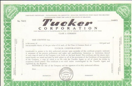 Tucker prop stock certificate