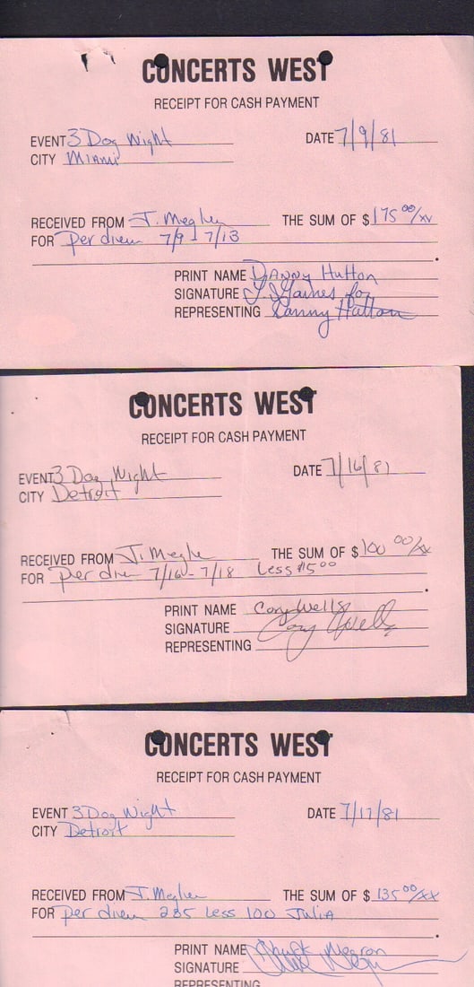 Three Dog Night set of TEN pay slips (1 of 1)