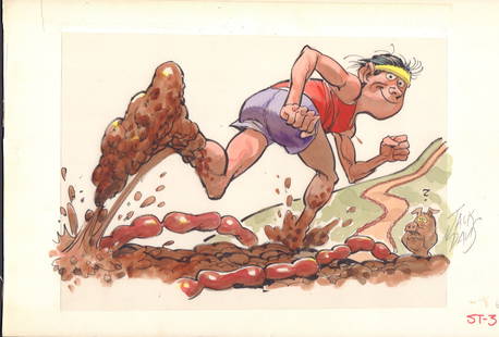 Jack Davis runner art: On large board with acetate laid over it a funny runner or jogger made for Mad magazine signed by the legendary artist