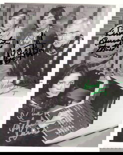 Battlestar Galactica cast signed photo: A vintage signed cast 8x10 by Lorne Greene, Richard Hatch, Dirk Benedict and Maren Jensen This item comes with a fully illustrated serial numbered letter of authenticity guaranteeing its authenticity
