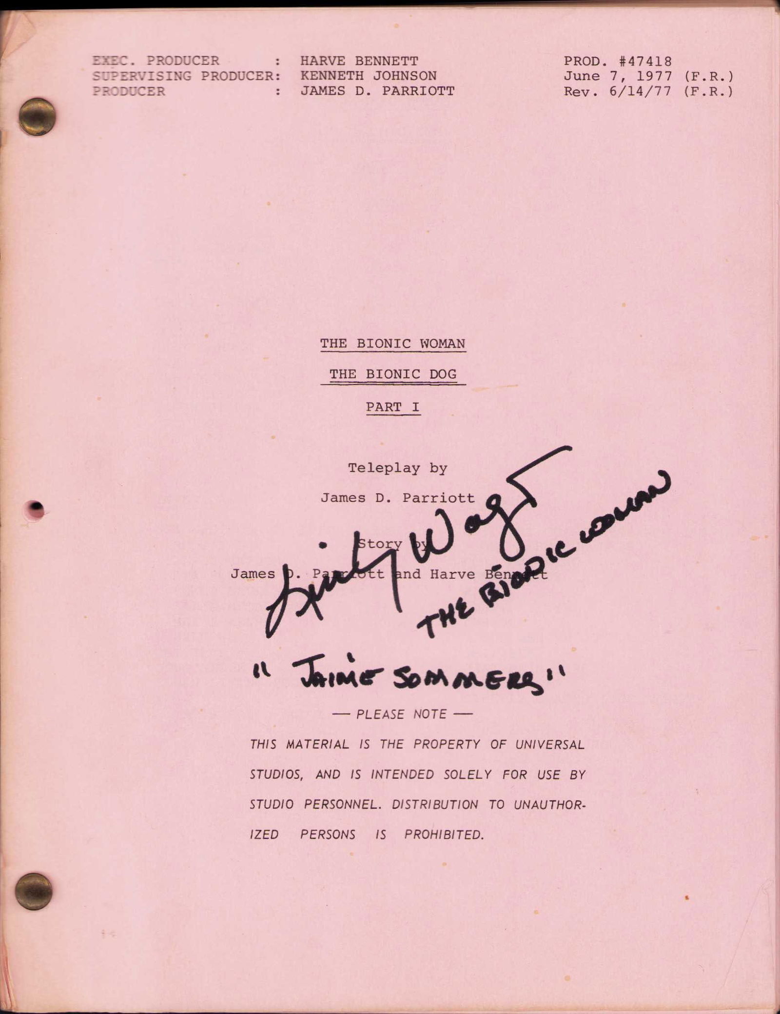 Bionic Woman signed script (1 of 1)