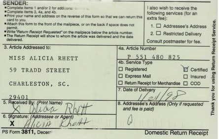 Alicia Rhett signed GWTW rare signature document