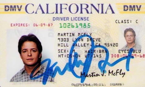 Michael j Fox signed replica prop drivers licence