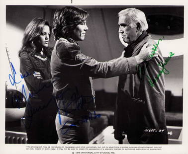 Battlestar Galactica cast signed photograph: A vintage signed original still signed by Lorne Green Richard Hatch and Maren Jensen who is rare Certificate of AuthenticityEVERY item in this auction comes with at minimum a full illustrated serial n