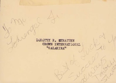 Dorothy Stratten signed note card