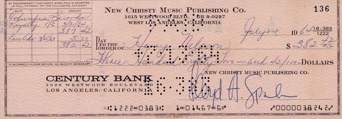 Harry Nilsson rare signed check