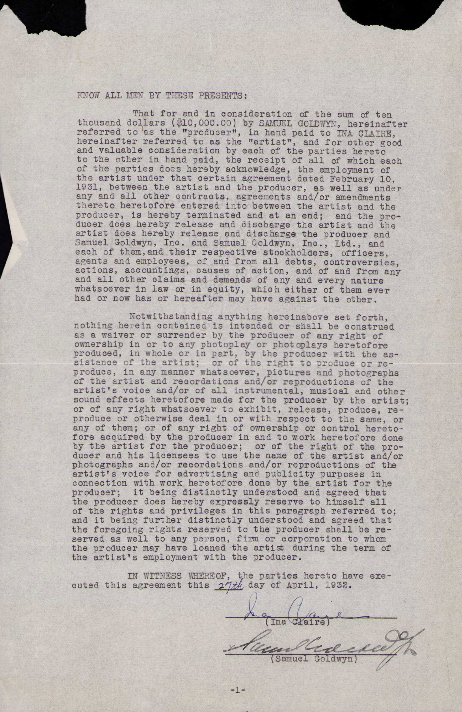 Samuel Goldwyn and Ina Claire contract signed (1 of 1)