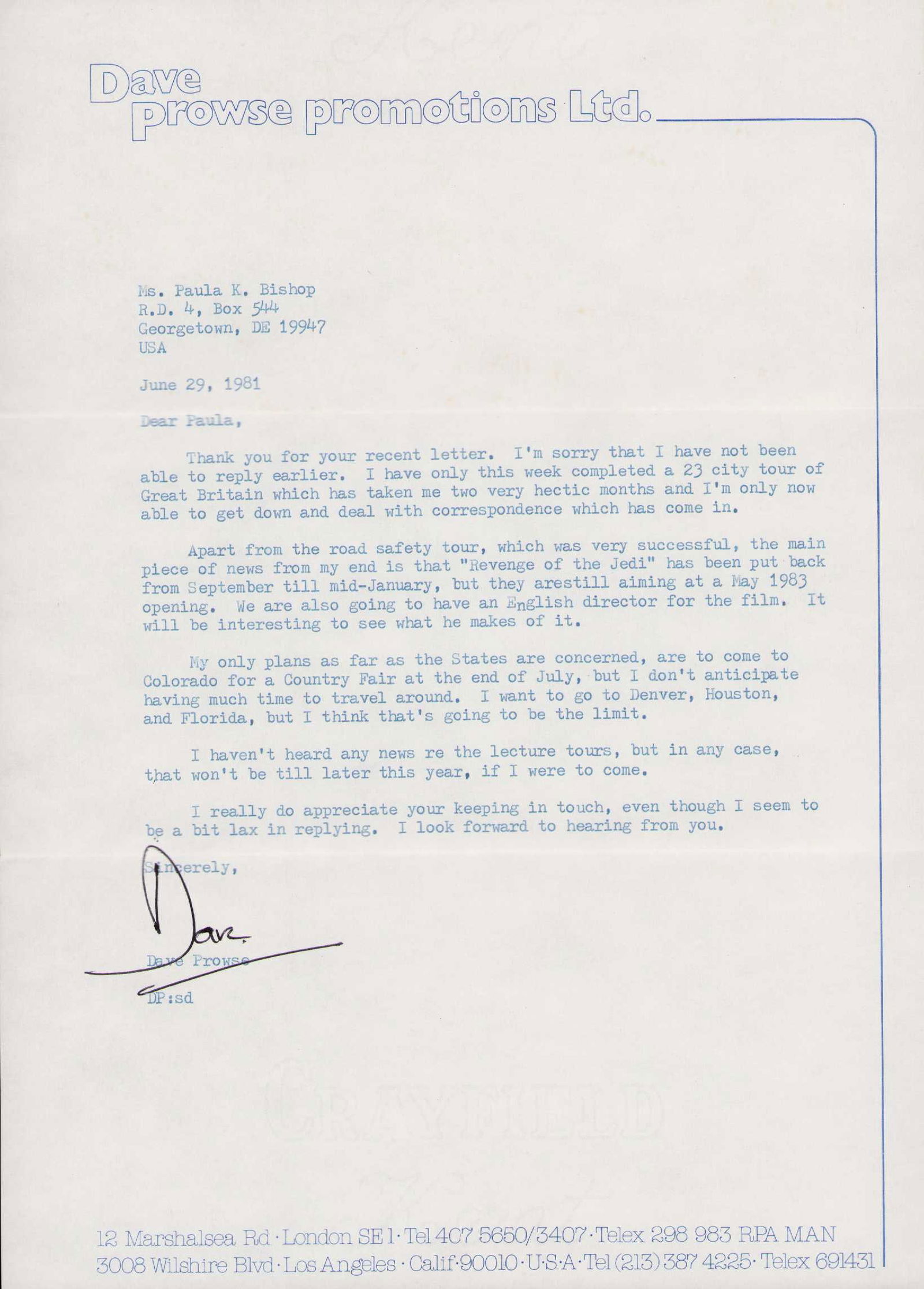 Rare Darth Vader letter signed by Dave Prowse Star Wars (1 of 1)