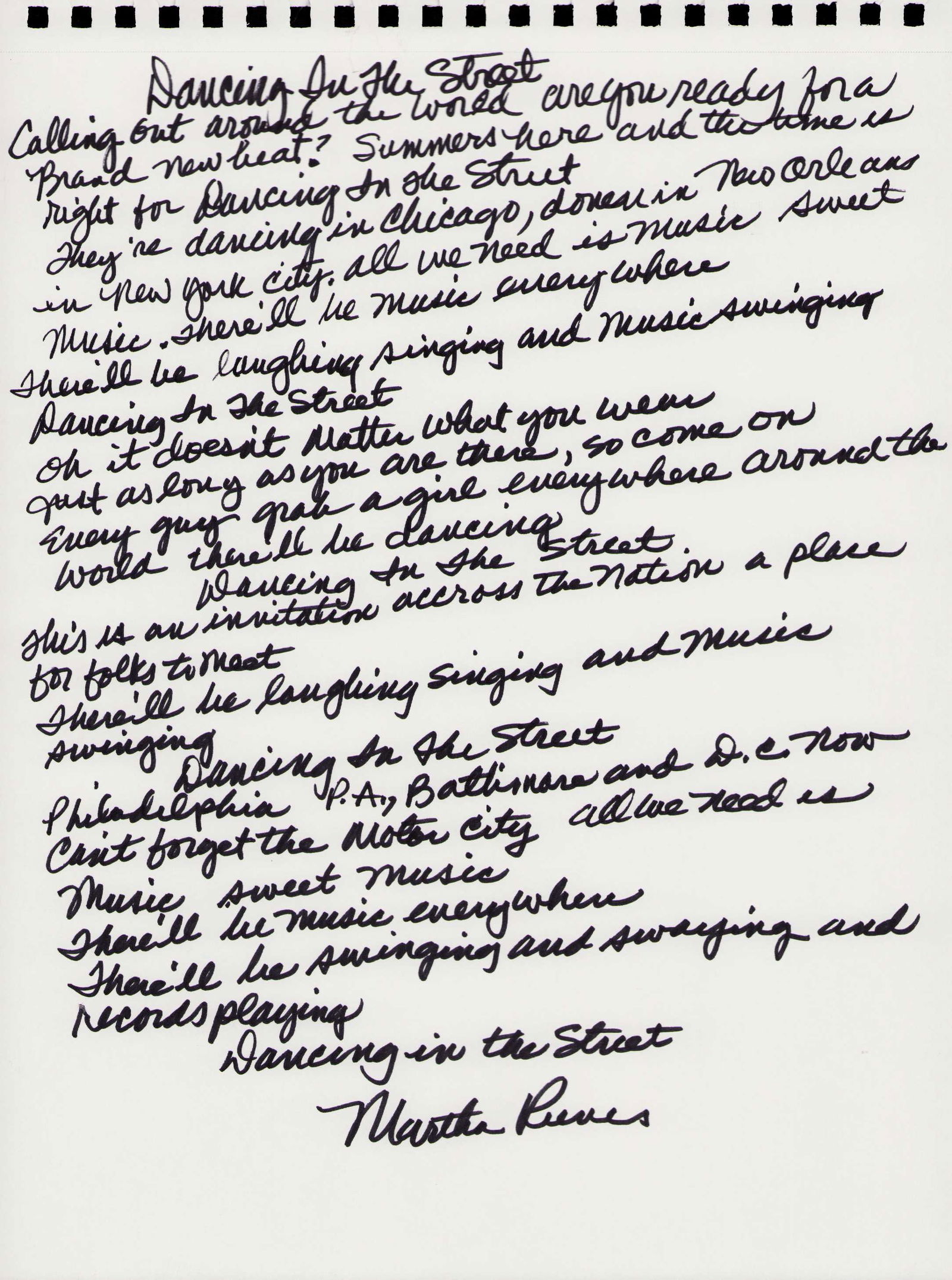 Martha Reeves lyrics to Dancing in the Streets (1 of 1)