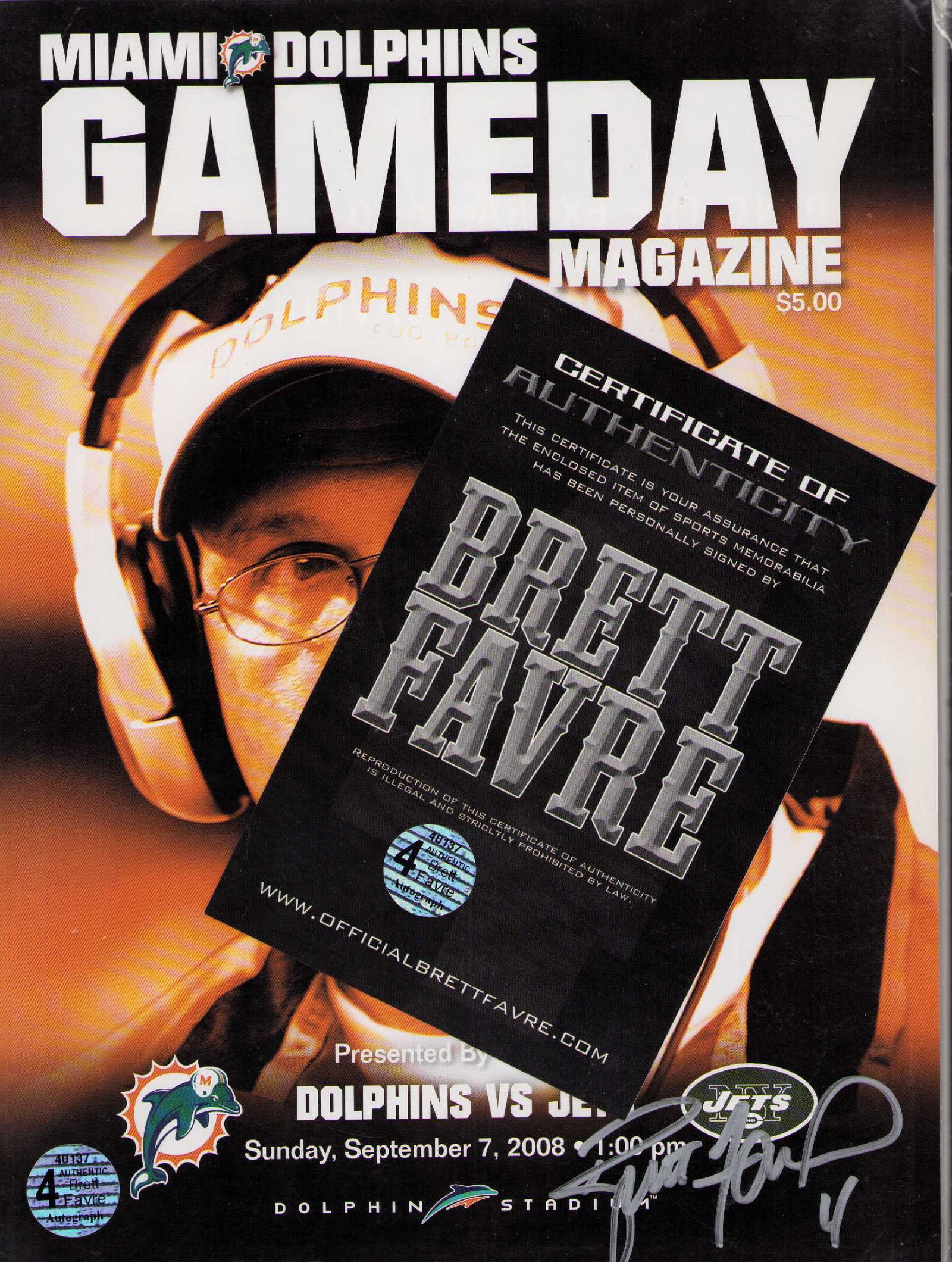 Brett Favre signed Dolphins magazine: A Dolphins in house magazine signed by him with hologram Certificate of AuthenticityEVERY item in this auction comes with at minimum a full illustrated serial numbered COA signed by the worlds leading