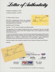 Gloris Swanson signed page with PSA letter