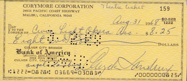 Angela Lansbury signed bank check