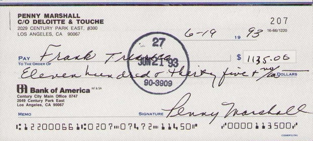 Penny Marshall signed bank check