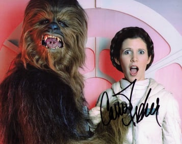 Carrie Fisher funny behind the scenes signed Star Wars photograph