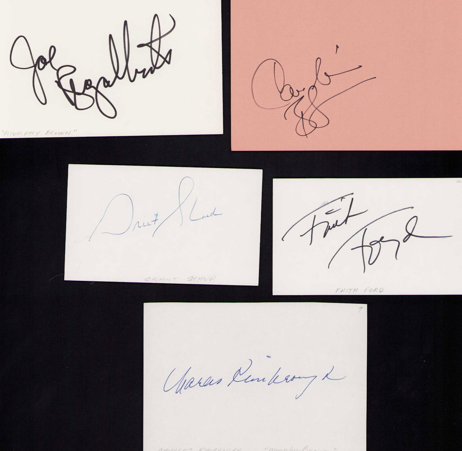 Murphy Brown cast set of signatures: Candace Bergen Joe Regabulto Grant Shuen Charles Kimbrough and Faith Ford Certificates of Authenticity and Provenance on this auction. These signatures were ALL obtained in person from four very well 
